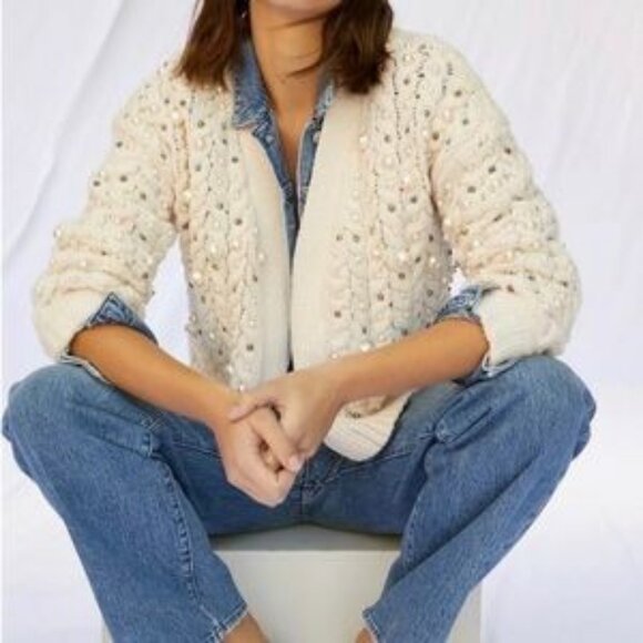 Anthropologie Sweaters - Anthropologie Embellished Cardigan Cable-Knit Cream Pearl Jeweled Sweater OS